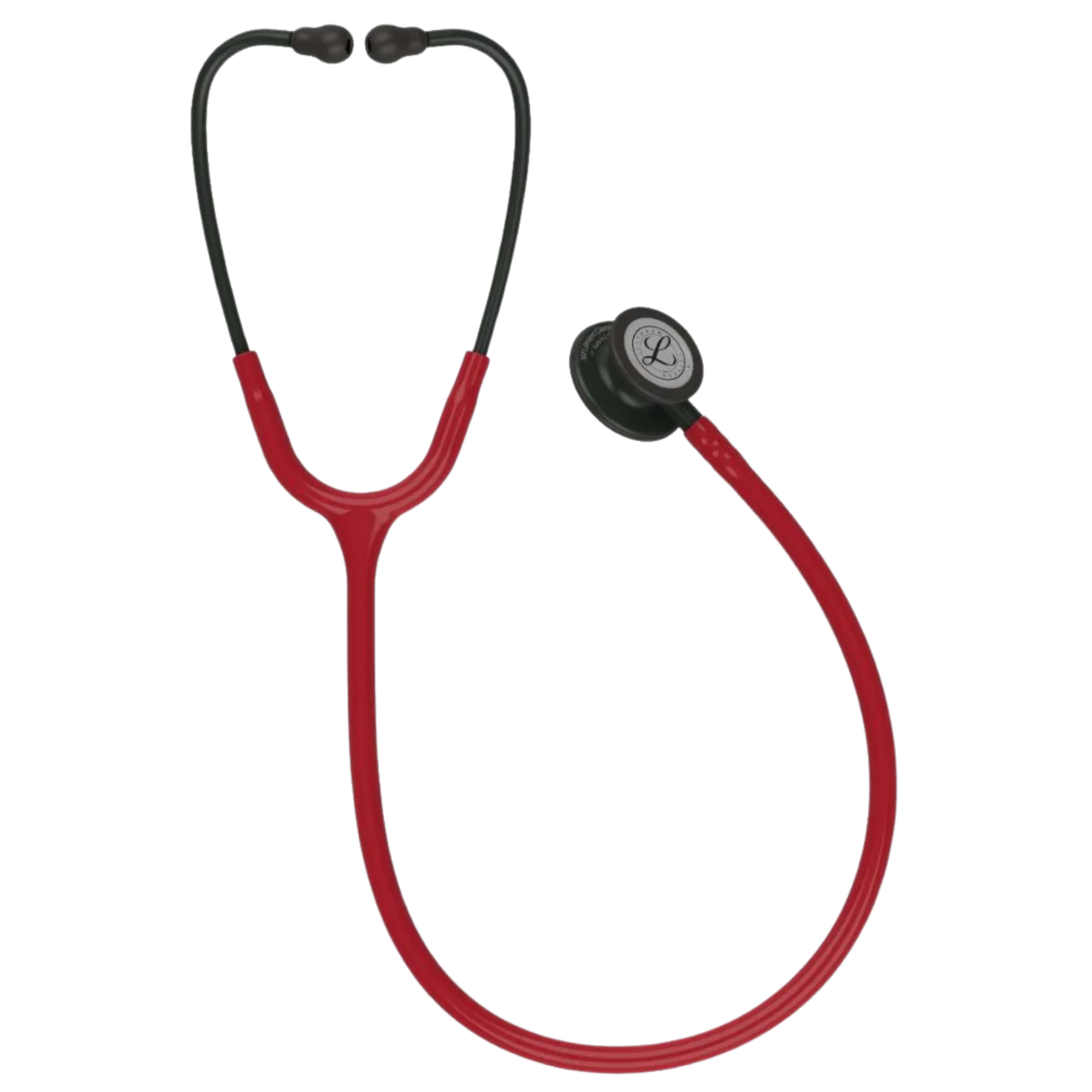 Red stethoscope with black accents on a white background