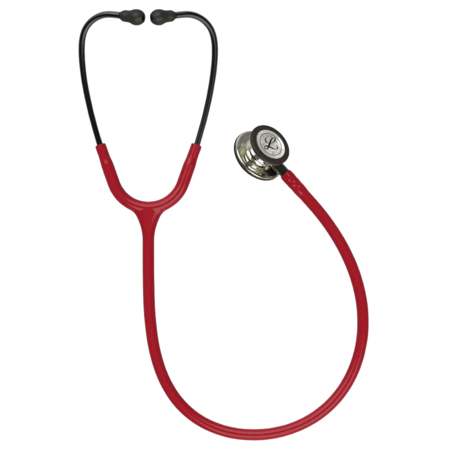 Red stethoscope with black accents on a white background