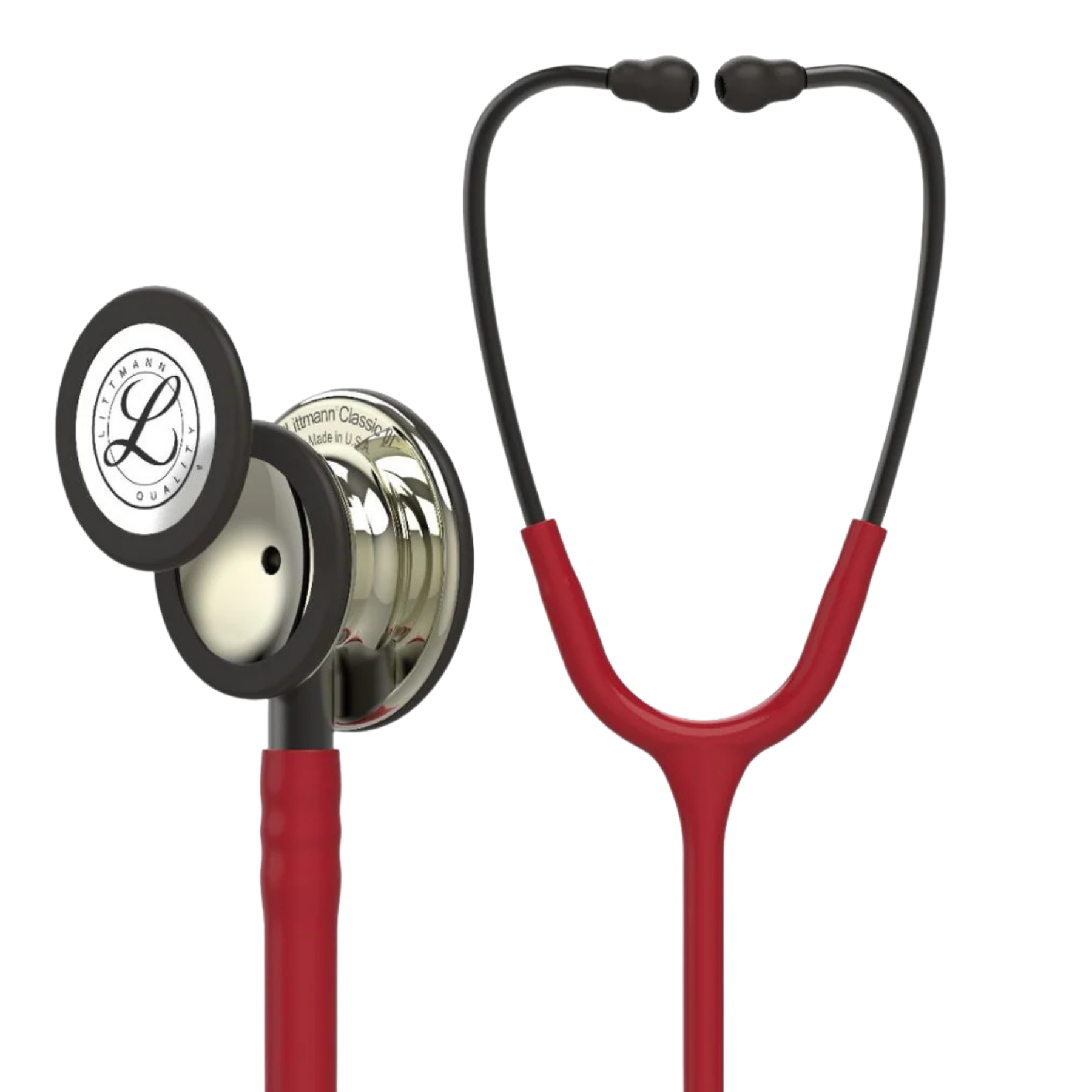 Red stethoscope with black accents on a white background