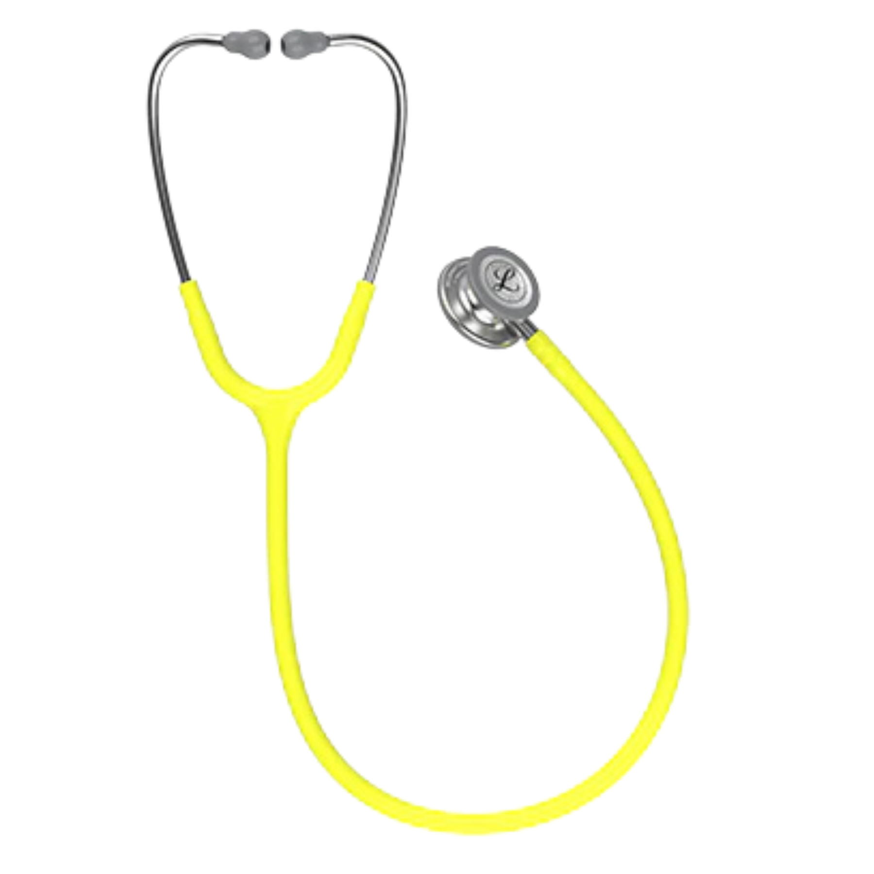 Full view of a 3M Littmann Classic III Monitoring Stethoscope with bright lemon lime yellow tubing and a silver stainless steel chestpiece