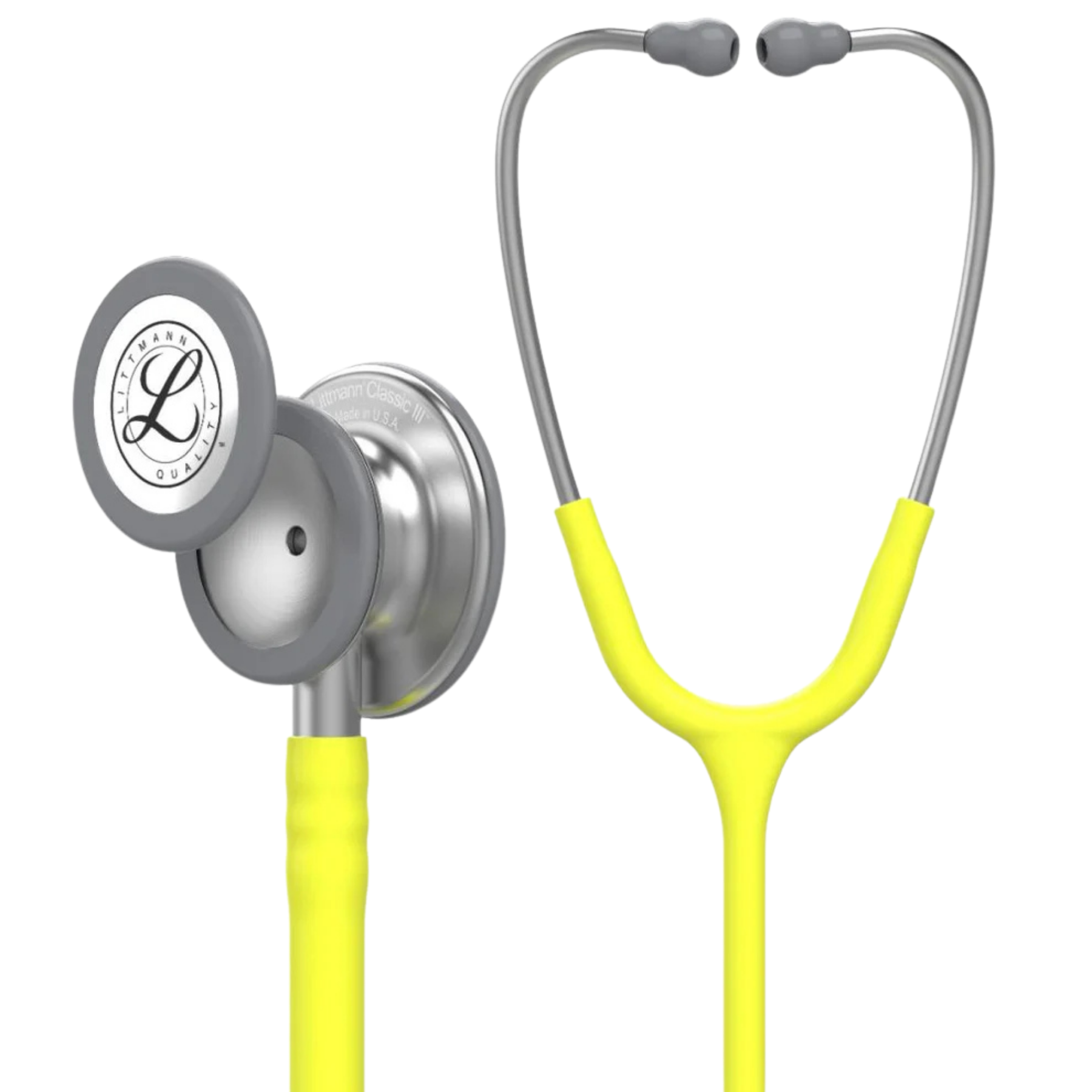 Close-up of a lemon lime 3M Littmann Classic III stethoscope showing the dual-sided chestpiece and gray headset.