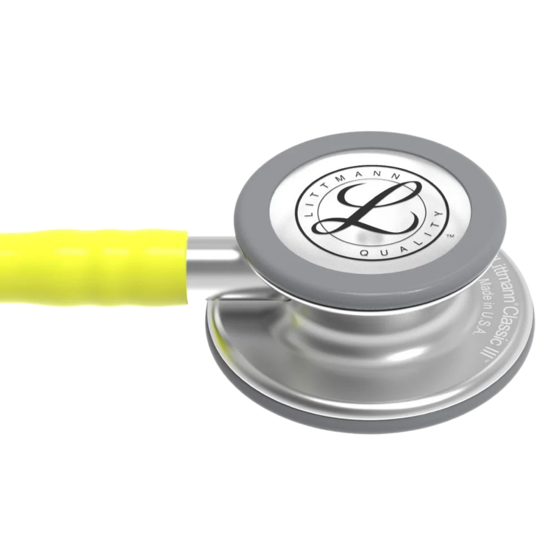 etailed side view of the silver stainless steel chestpiece on a 3M Littmann Classic III stethoscope with yellow tubing.