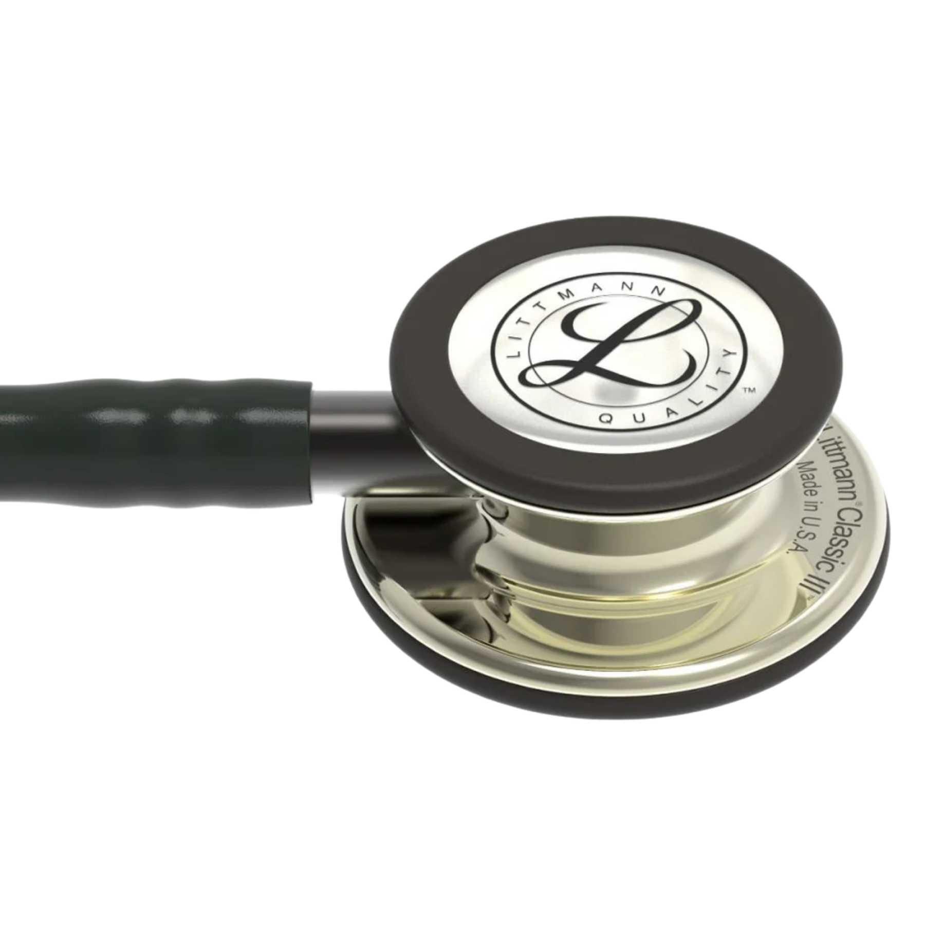 Close-up detail of the 3M Littmann Classic III champagne-finish chestpiece and black tubing connection.