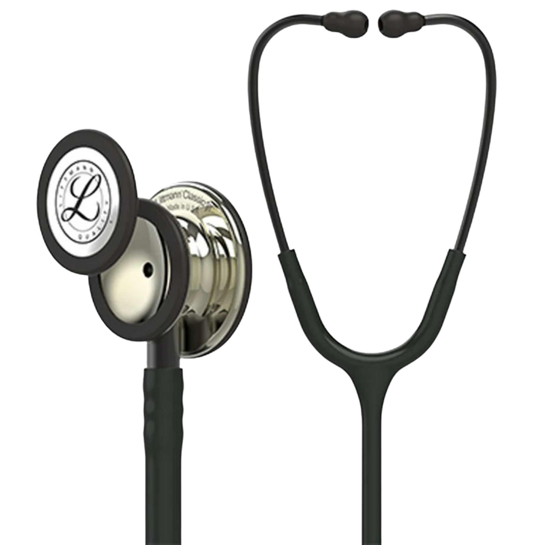 Front perspective of the 3M Littmann Classic III featuring a black tube and champagne-finish chestpiece with a smoke-colored headset.