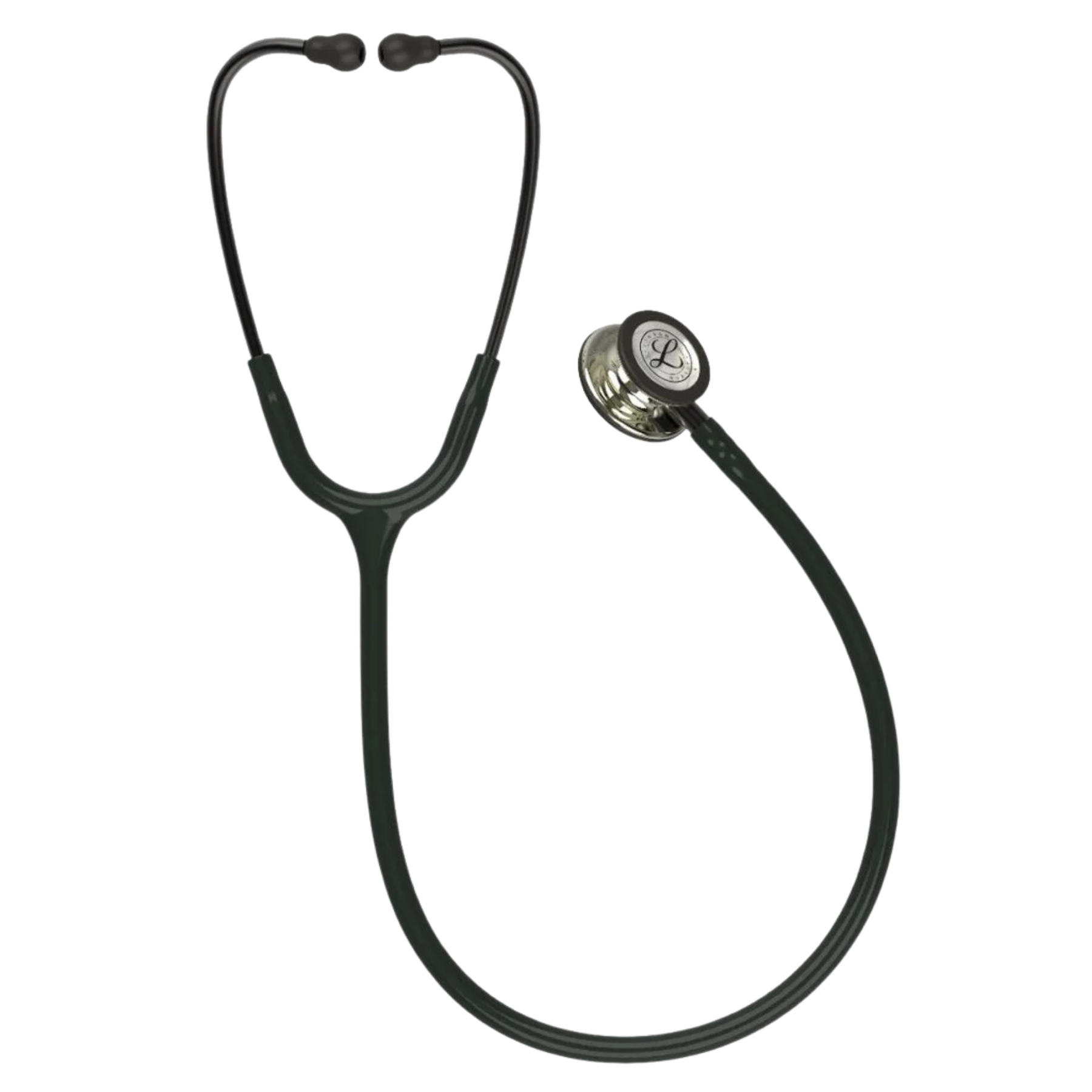Full display of the 3M Littmann Classic III Monitoring Stethoscope with black tubing and champagne chestpiece in a coiled position.