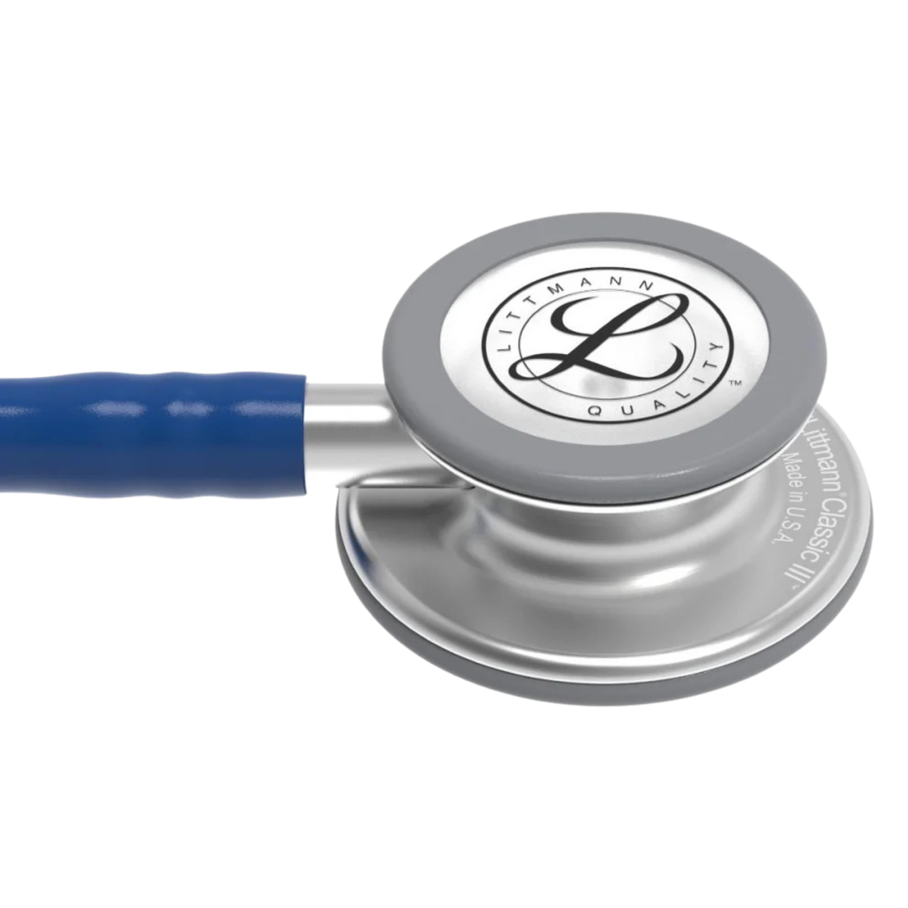 Close-up detail of the 3M Littmann Classic III silver chestpiece with the "L" logo and navy blue tubing connection.