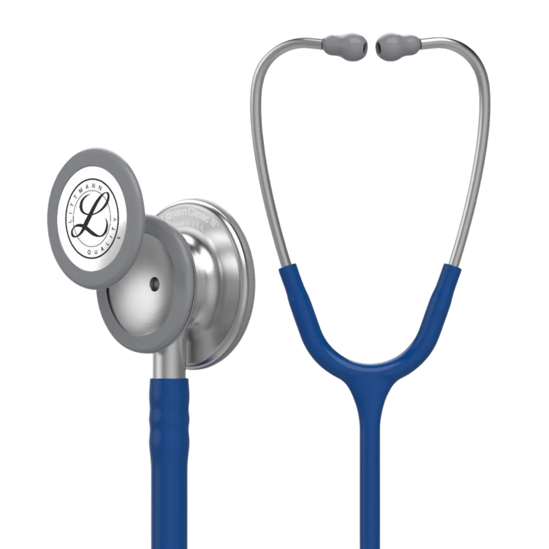 Front perspective of a navy blue 3M Littmann Classic III stethoscope showing the dual-sided chestpiece and headset layout.