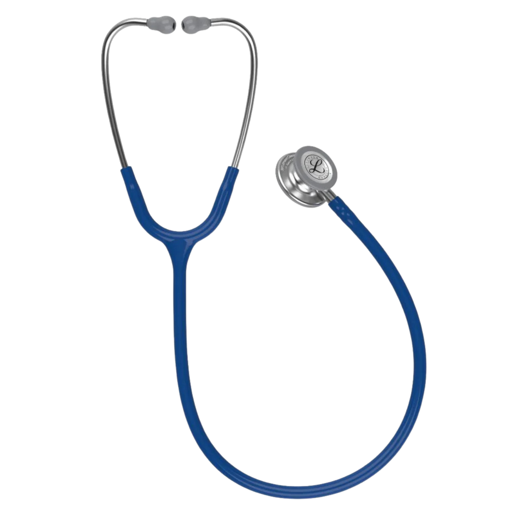 A full-length view of the 3M Littmann Classic III Monitoring Stethoscope featuring navy blue tubing and a silver stainless steel chestpiece.