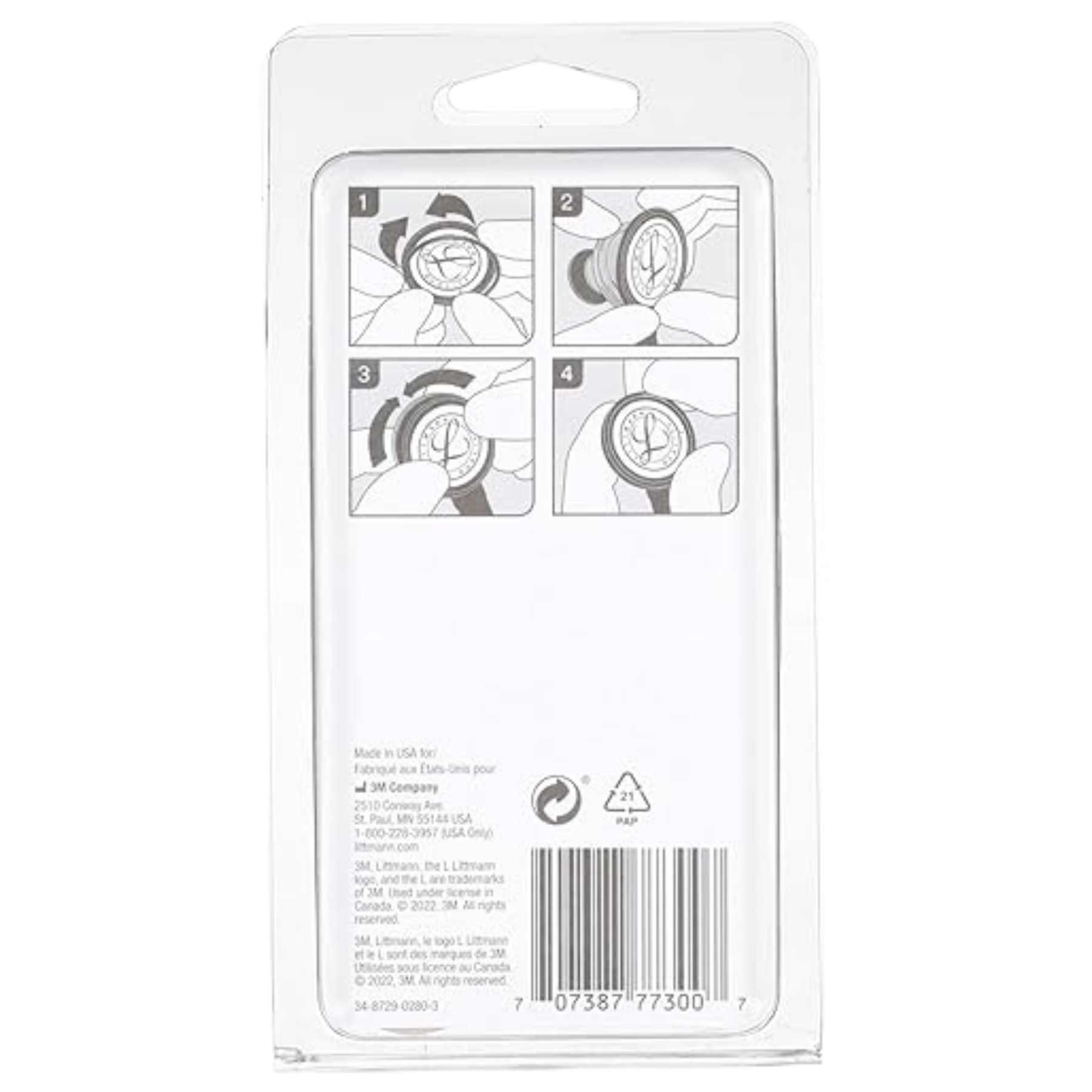 Back view of the 3M Littmann Classic II S.E. spare parts kit black packaging, displaying the replacement rim and installation instructions.