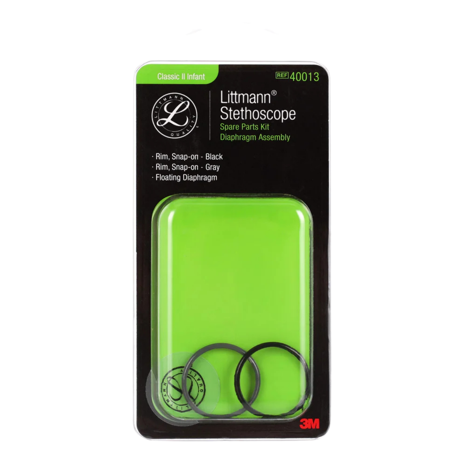 Close-up side profile of the black 3M Littmann Classic II S.E. spare parts kit, highlighting the 3M logo and official product branding.