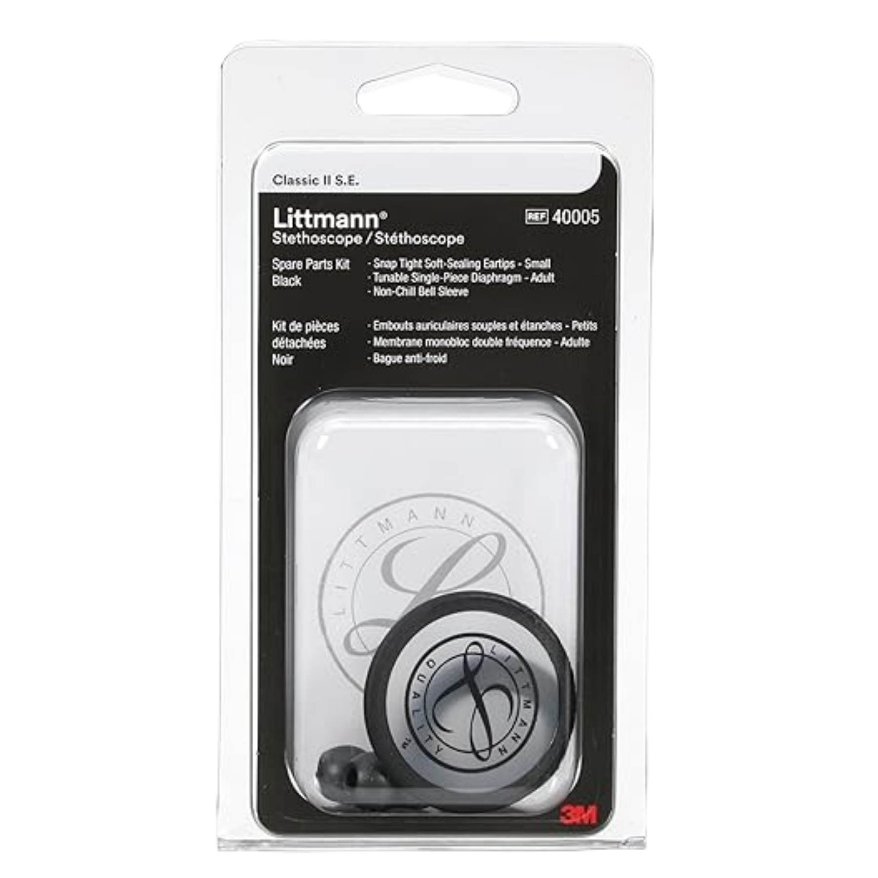 Back view of the 3M Littmann Classic II S.E. black spare parts kit packaging, displaying the replacement rim, diaphragm, and product information labels.