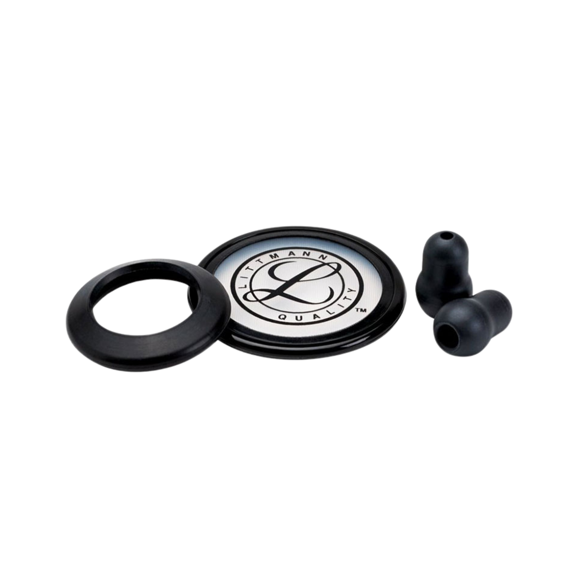 Front view of the 3M Littmann Classic II S.E. Spare Parts Kit in black, showing the retail packaging containing a tunable diaphragm and two snap-tight eartips.