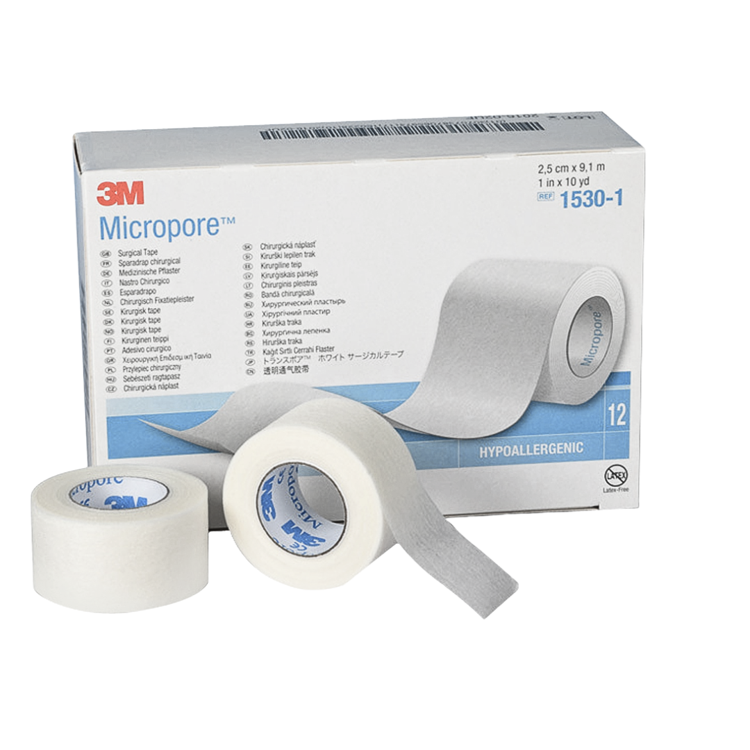 The retail box for 3M Micropore Hypoallergenic surgical tape, featuring two rolls of white tape in front, showing the 1 inch x 10 yard size (REF 1530-1)