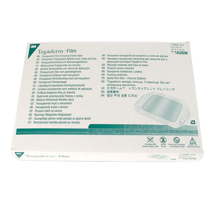 A box of 50 3M Tegaderm Transparent Film Dressings, Frame Style, size 10 cm x 12 cm (4 in x 4.75 in), product code 1626W.