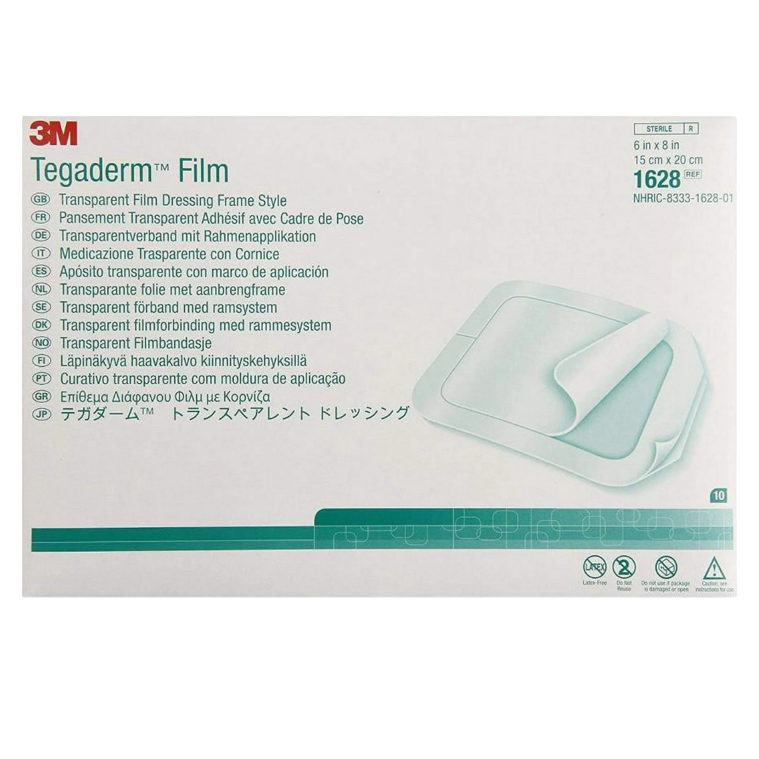 A box of 3M Tegaderm Transparent Film Dressings, Frame Style, size 15 cm x 20 cm (6 in x 8 in), product code 1628W.