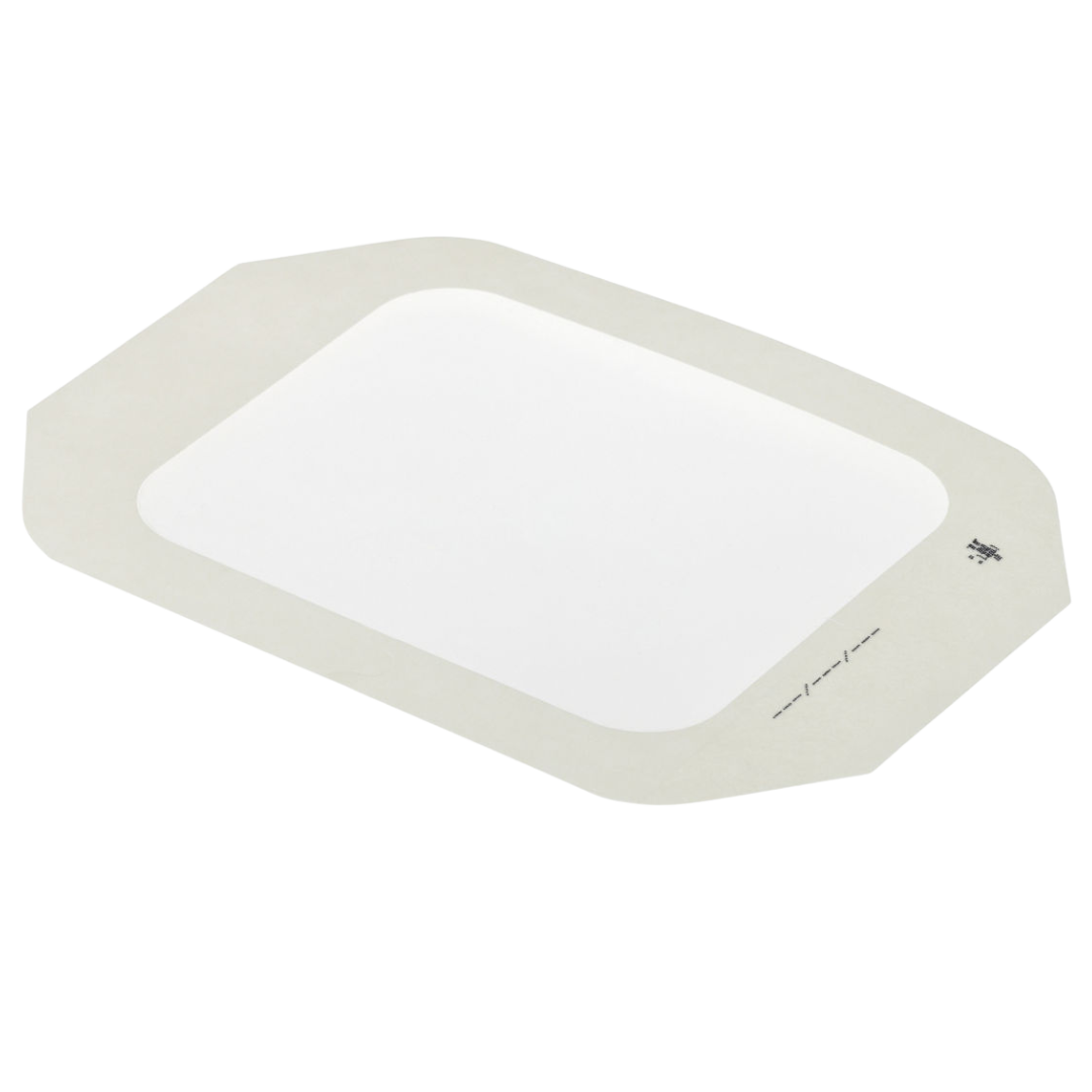 Top-down view of a single 3M Tegaderm transparent film dressing showing its rectangular shape with rounded corners and clear central window for wound or IV site monitoring.