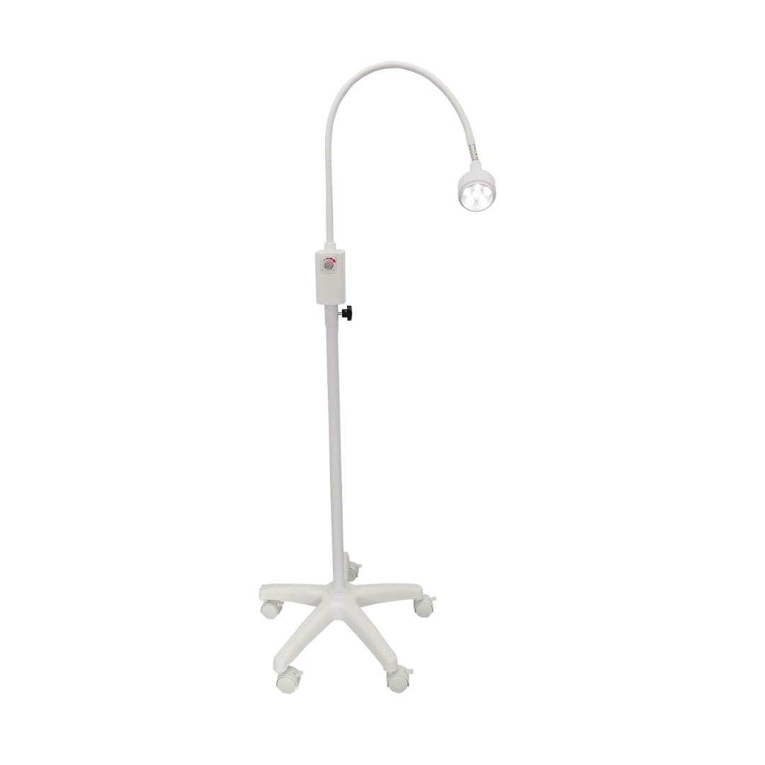 6W LED Examination Light with flexible gooseneck, mobile base, and wall mount – clinical-grade medical lighting in white finish.