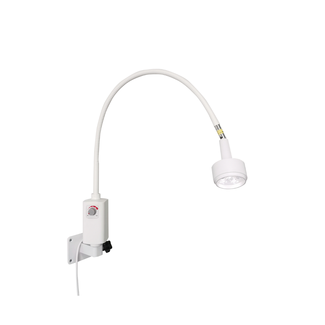 6W LED Examination Light with flexible gooseneck, mobile base, and wall mount – clinical-grade medical lighting in white finish.