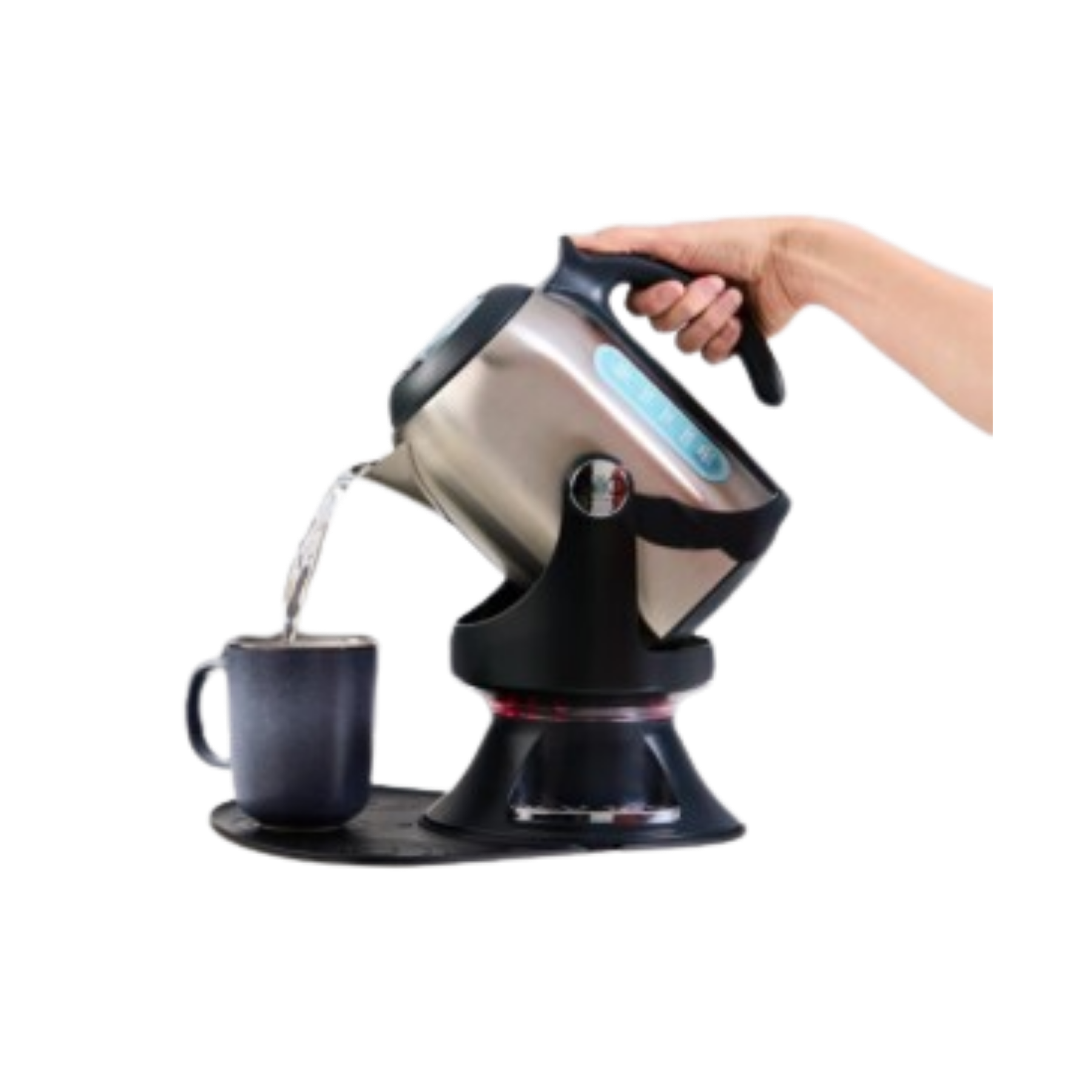 A hand operating the ADL Kitchen Gilia Cordless Kettle Tipper in silver and black, safely tipping a stainless steel kettle to pour hot water into a mug without lifting.