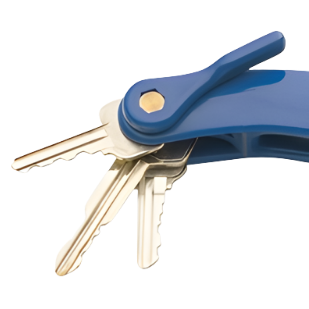 Blue key turner with ergonomic wide grip, designed to assist individuals with arthritis or reduced dexterity in managing keys safely and independently.