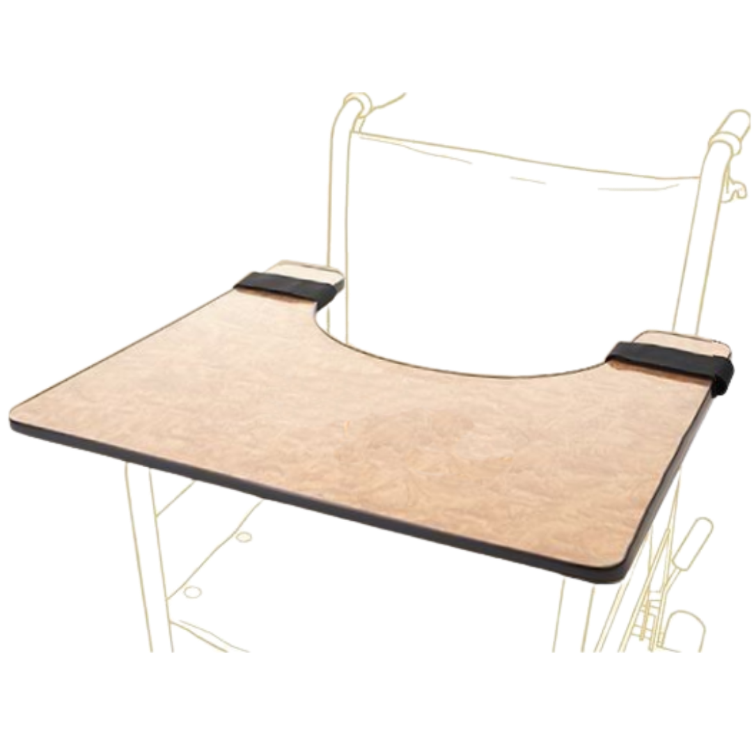 Universal wheelchair tray with 600mm width, 335mm inside length, 560mm outside length, and 1.5kg weight for meals, reading, and daily activities.