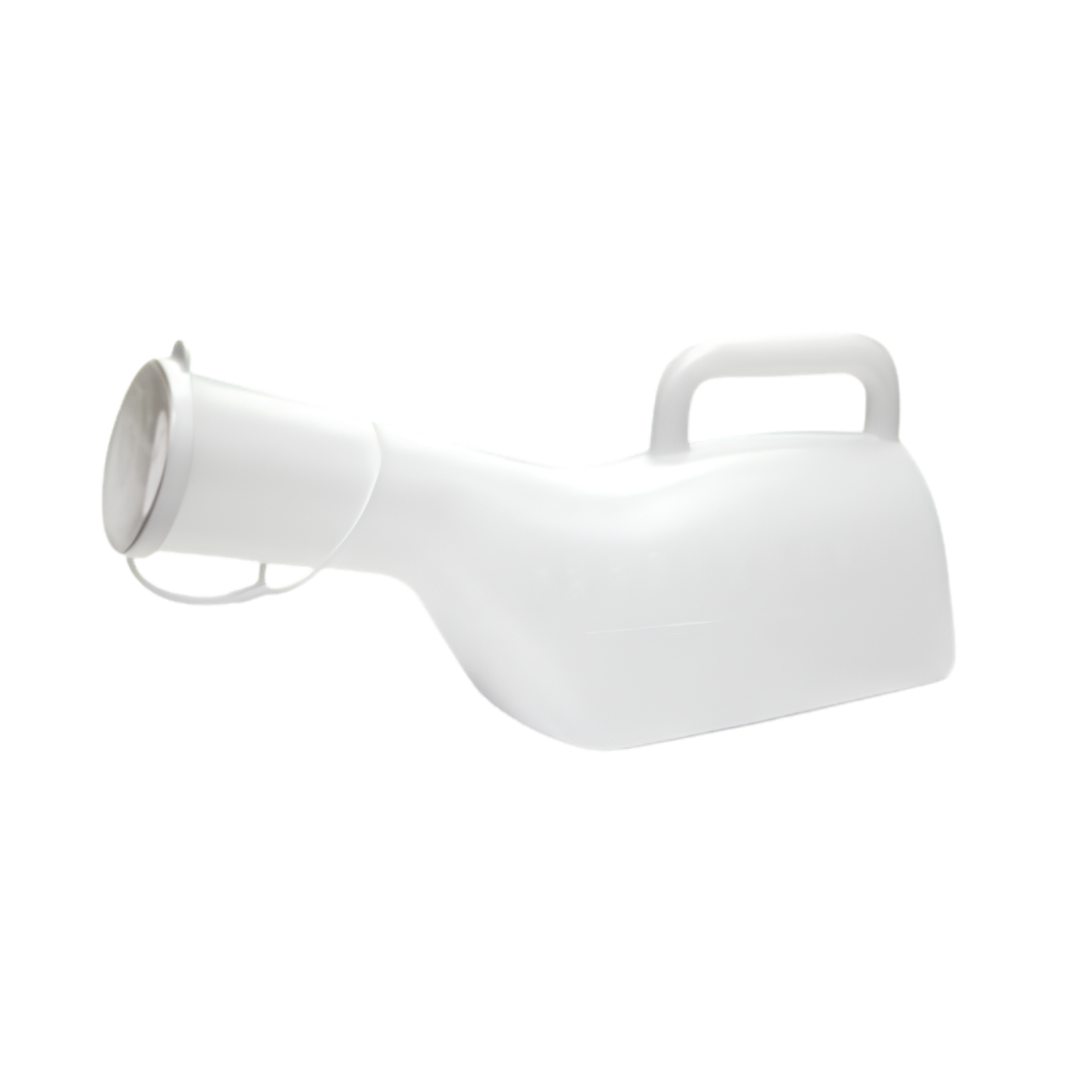 Durable ADL Hygiene male urinal with secure lid, 1L capacity, lightweight design for bedside use, supports hygiene and spill prevention in daily care.