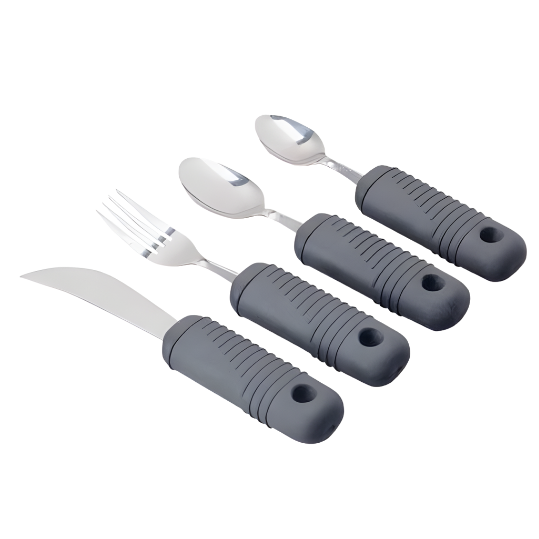 Bendable cutlery set of four with SuperGrip handles, designed for flexible dining support and independence for users with limited mobility or arthritis.