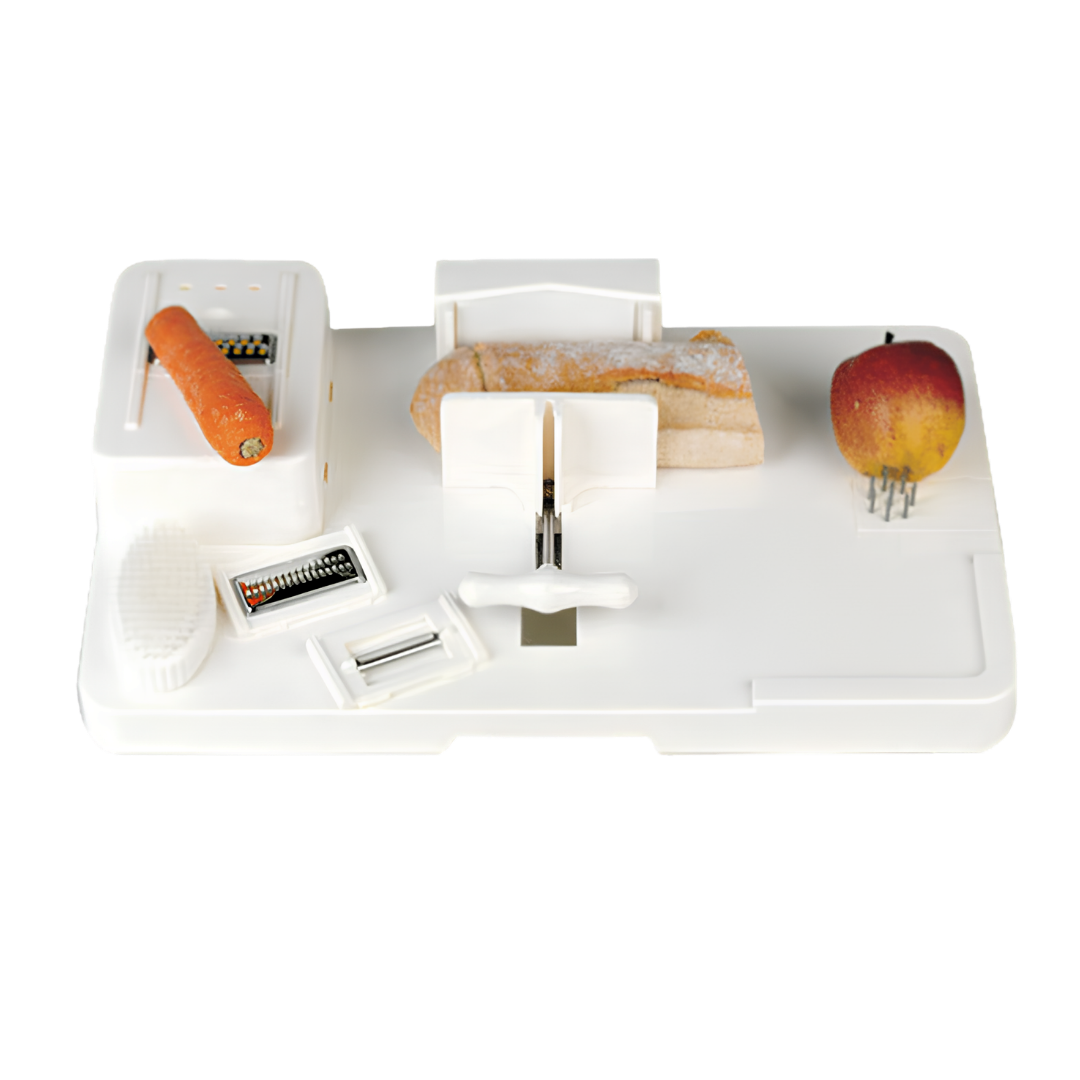 ADL Kitchen Food Preparation System Kitchen Workstation, multifunctional adaptive aid with cutting board, clamps, and integrated tools, supports safe independent food preparation for users with limited mobility.