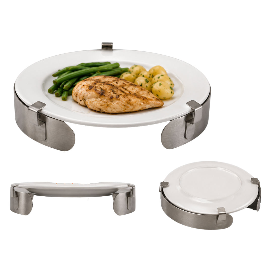 ADL Kitchen stainless steel plate surround, durable dining aid with raised edge to assist individuals with limited dexterity or mobility, supports independent eating.
