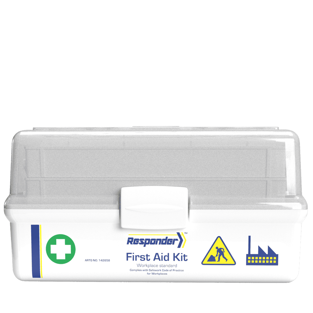 Responder 4 Series Plastic Tacklebox First Aid Kit, clear-lid tacklebox case closed