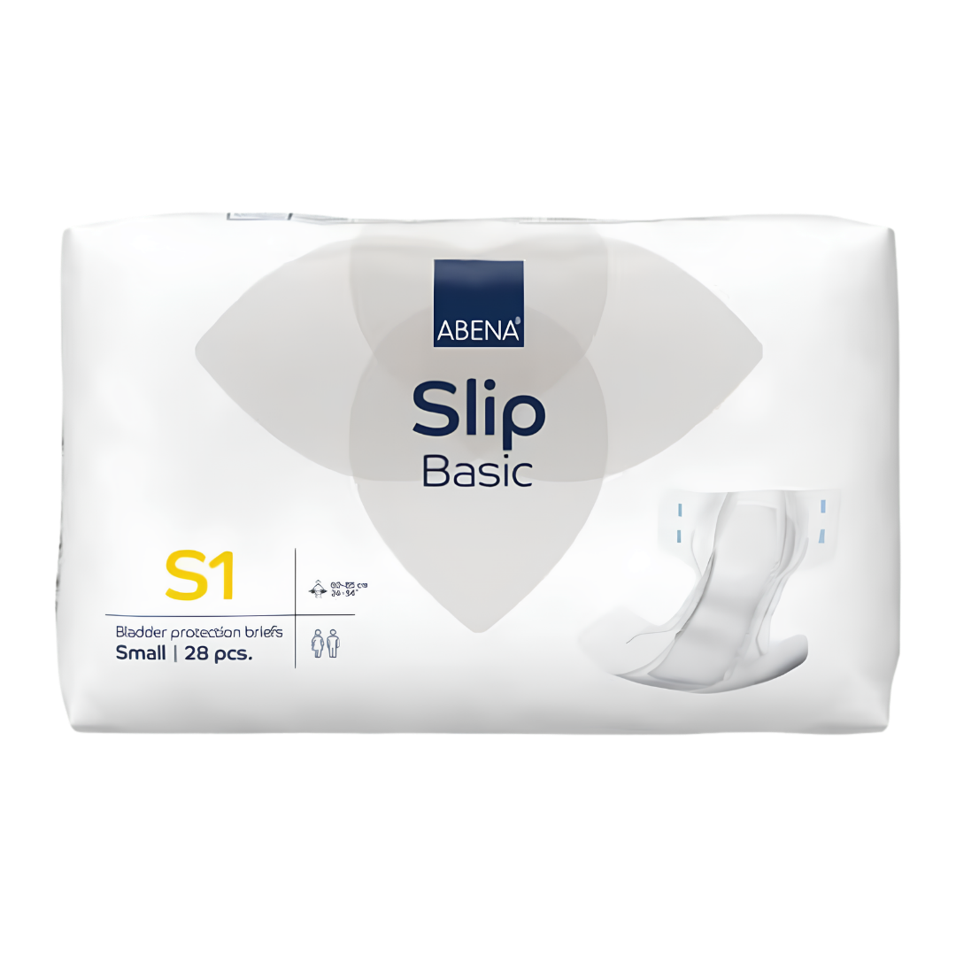 Absorbent Abena Slip Basic S1 Yellow brief providing 1500mL protection with secure tabs and breathable comfort for light to moderate continence needs.