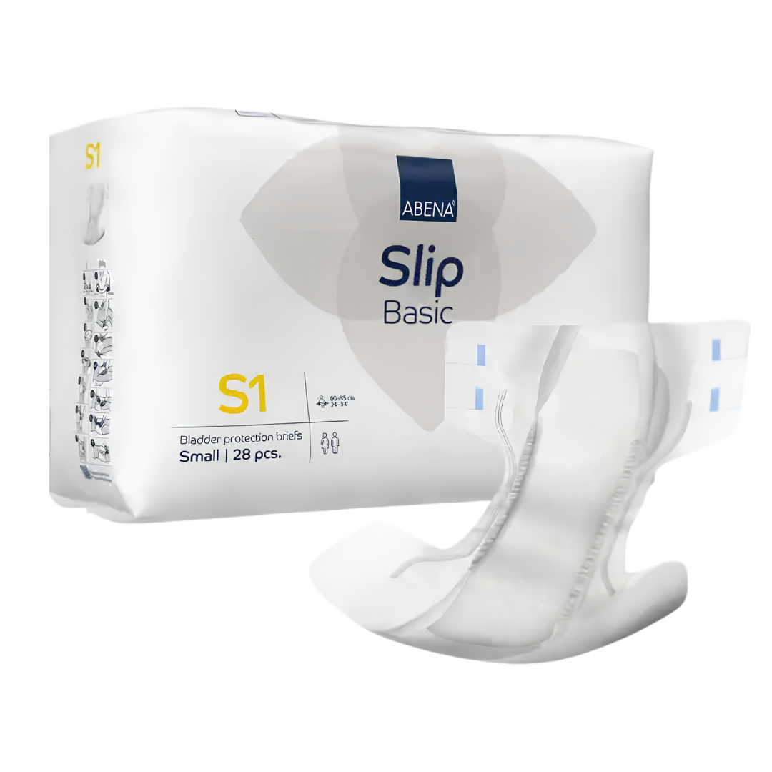 Absorbent Abena Slip Basic S1 Yellow brief providing 1500mL protection with secure tabs and breathable comfort for light to moderate continence needs.