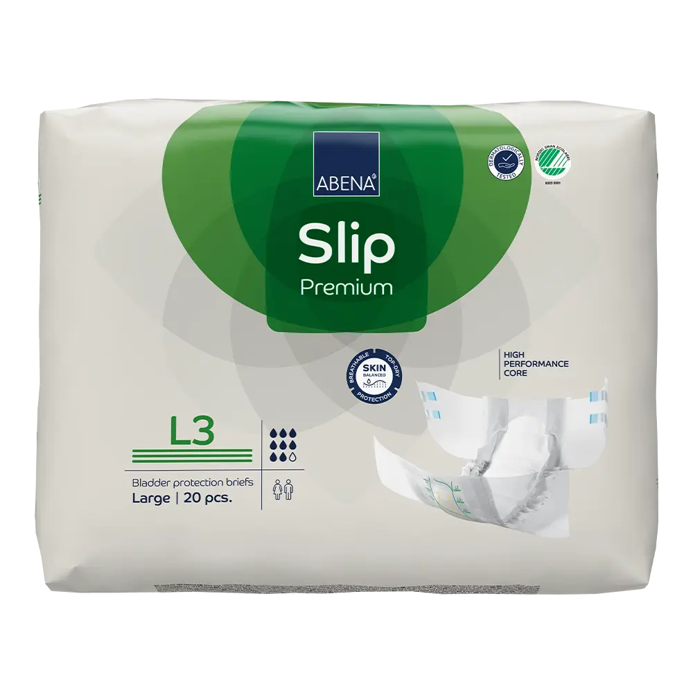 Pack of Abena Slip Premium bladder protection briefs on a white background