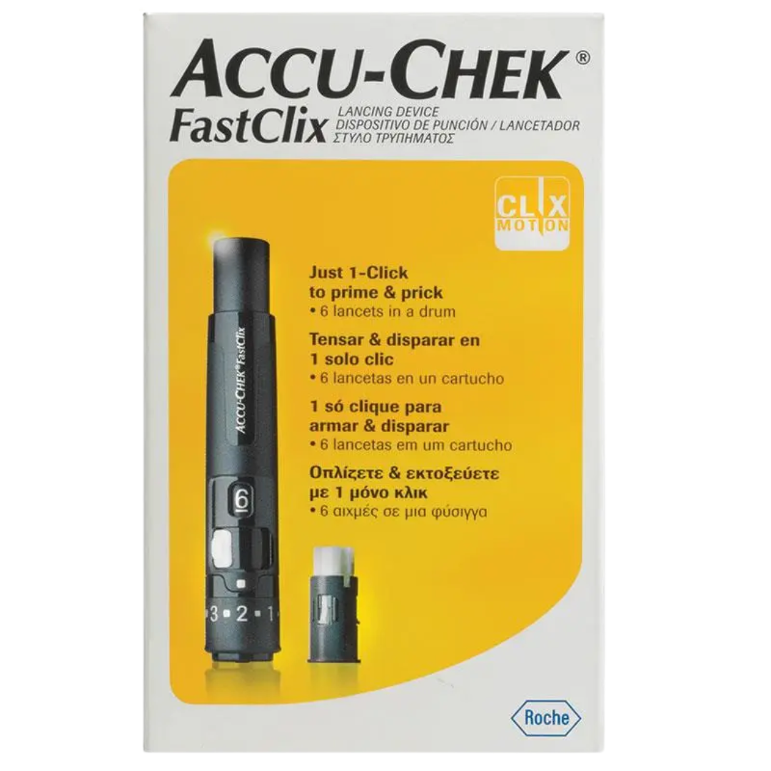 Accu-Chek Fastclix Kit – Lancing device with 6-lancet drum for comfortable, hygienic blood glucose testing.