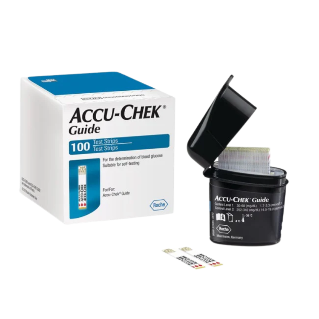 Box of Accu-Chek Guide 100 Test Strips for blood glucose monitoring, compatible with Guide meters.