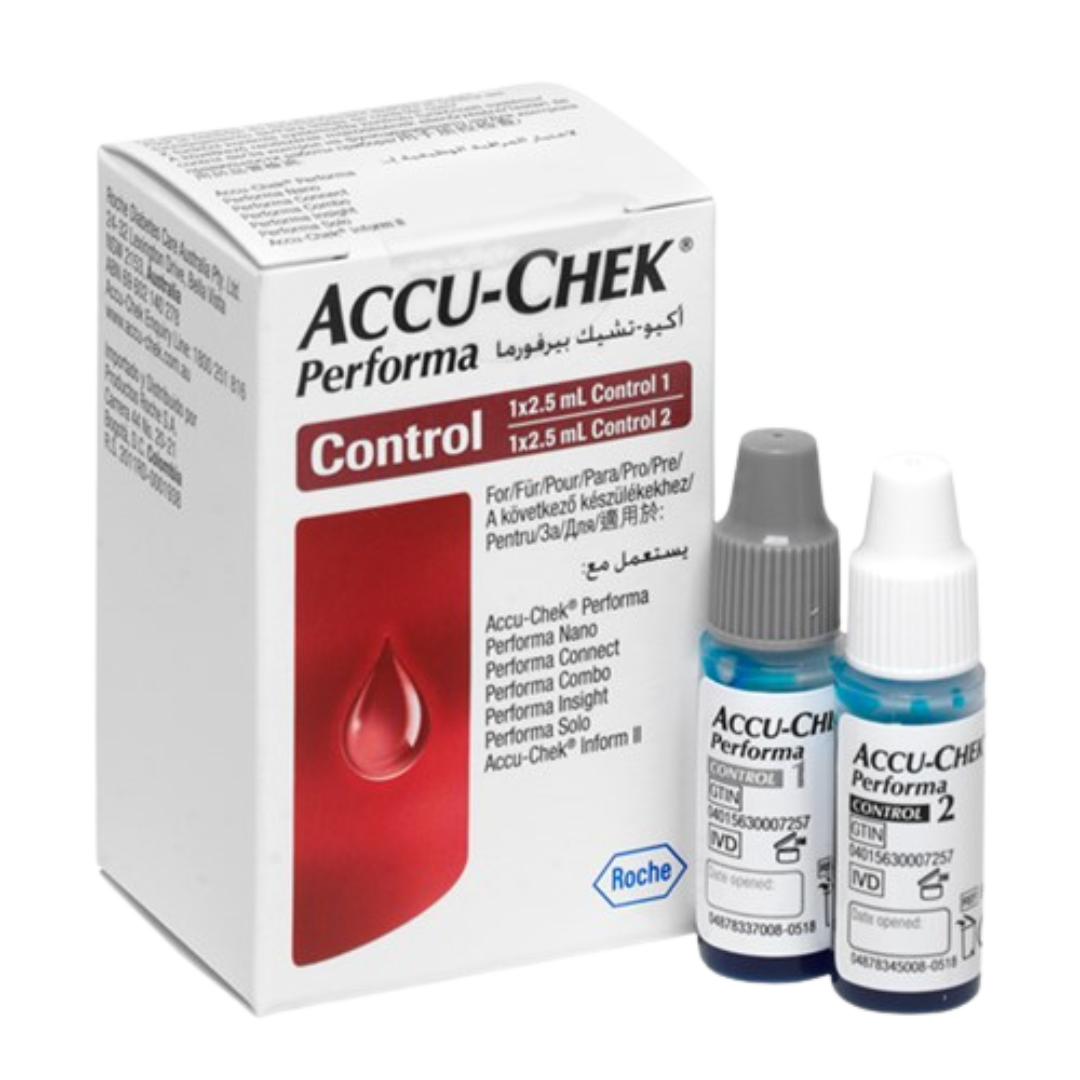 Accu-Chek Performa Control Solution bottle for accurate blood glucose testing support.