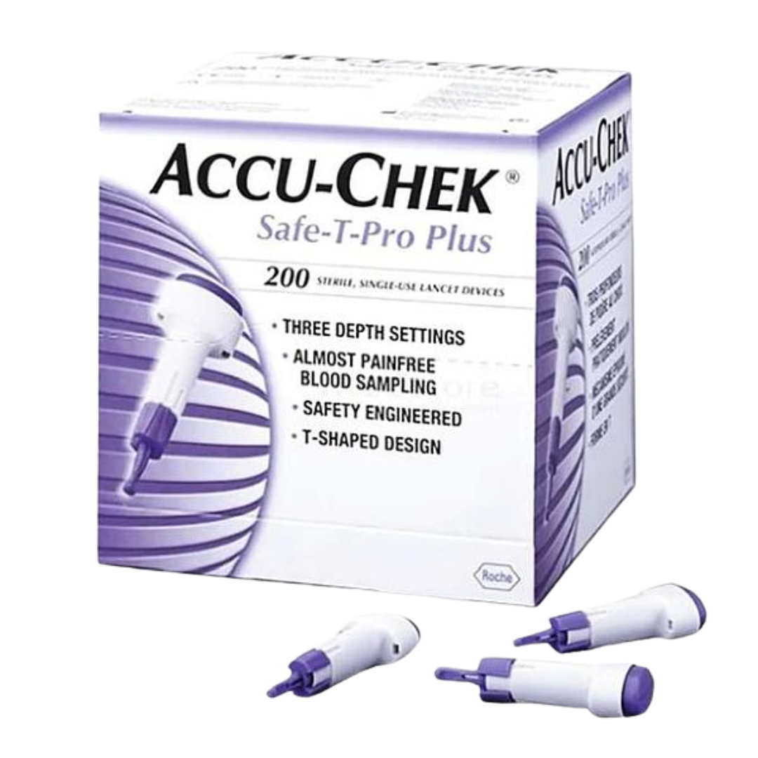 Accu-Chek Safe-T-Pro Plus single-use lancets with adjustable depth for safe, hygienic blood glucose testing.