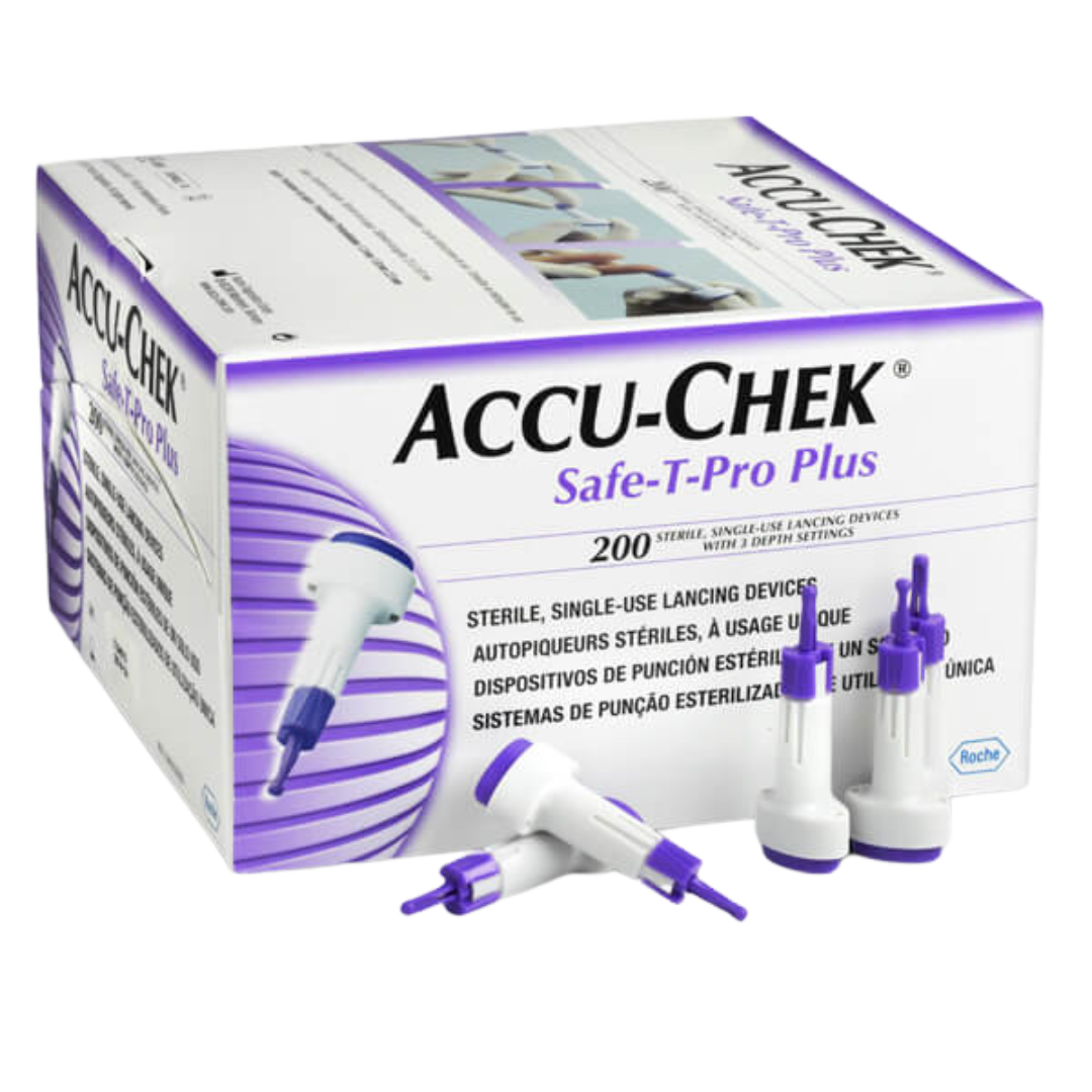 Accu-Chek Safe-T-Pro Plus single-use lancets with adjustable depth for safe, hygienic blood glucose testing.