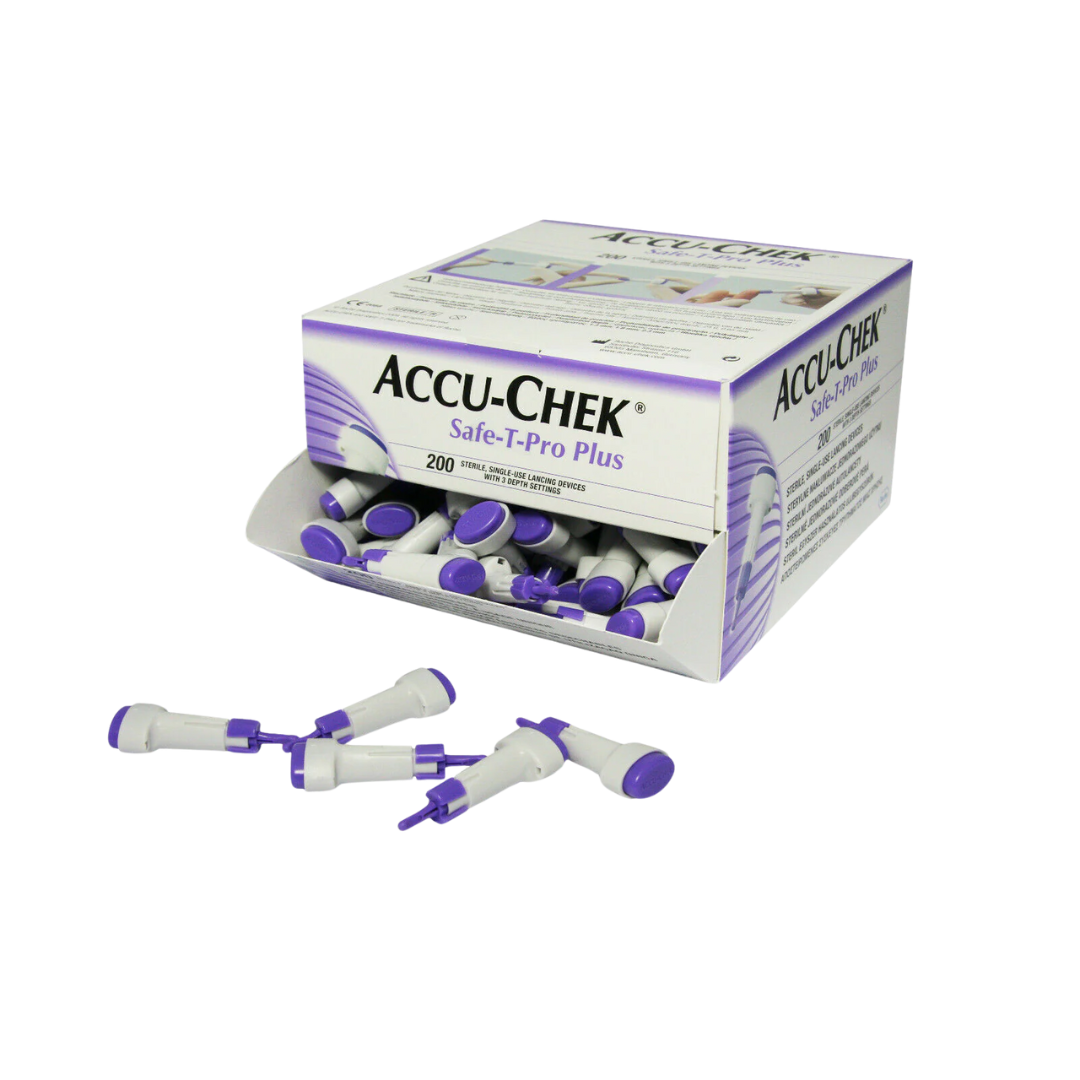 Accu-Chek Safe-T-Pro Plus single-use lancets with adjustable depth for safe, hygienic blood glucose testing.