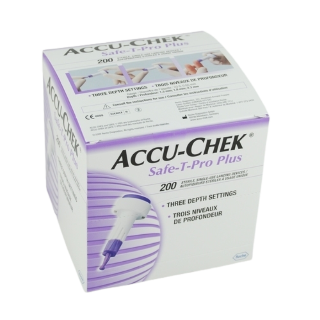 Accu-Chek Safe-T-Pro Plus single-use lancets with adjustable depth for safe, hygienic blood glucose testing.