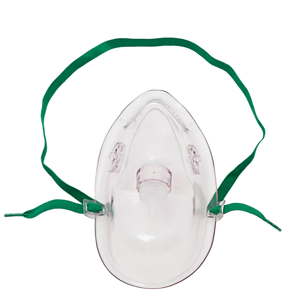 Adolescent clear oxygen mask with tubing, adjustable straps, and nose clip designed for safe, comfortable oxygen therapy for young patients.