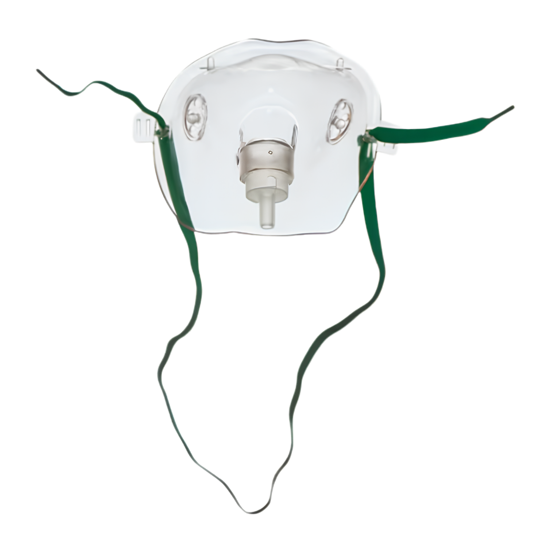 Adolescent clear oxygen mask with tubing, adjustable straps, and nose clip designed for safe, comfortable oxygen therapy for young patients.