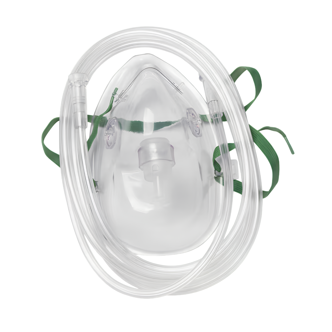 Adult elongated clear oxygen mask with tubing, adjustable straps, and nose clip designed for safe, comfortable oxygen therapy in hospital or home care.