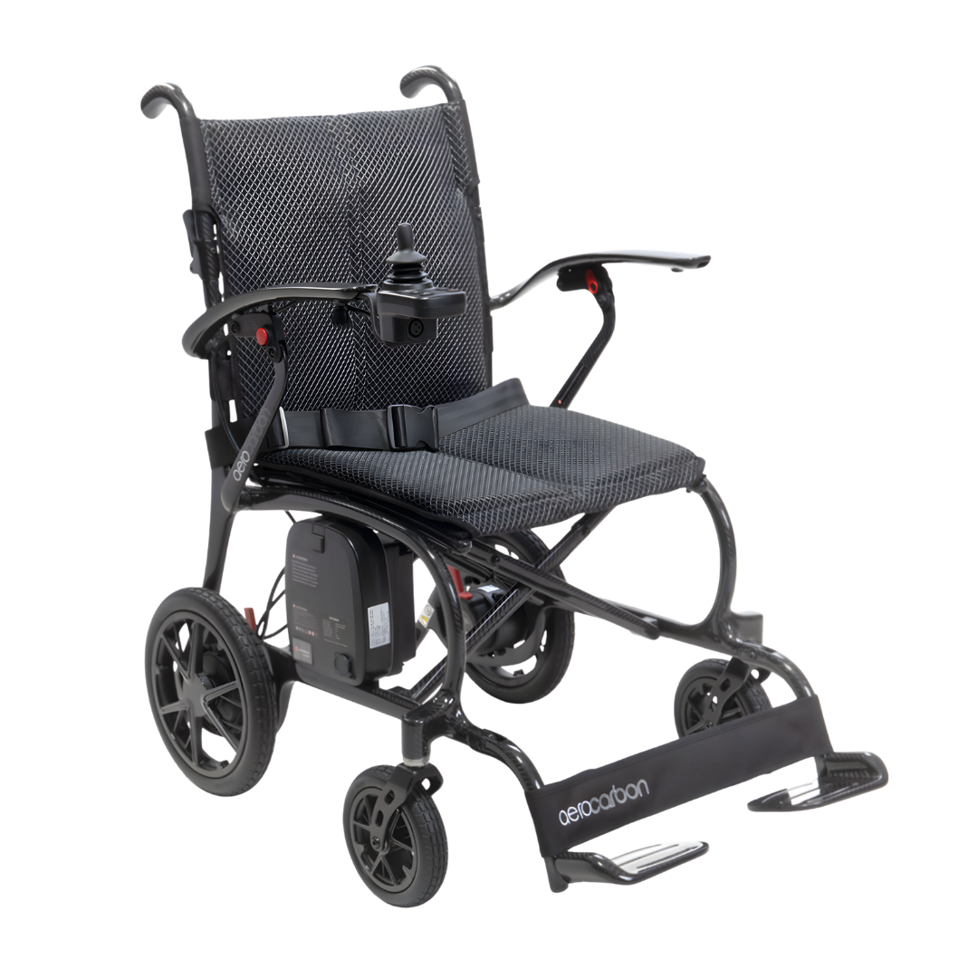 AeroCarbon Powerchair standard model providing lightweight, comfortable and reliable powered mobility for daily use in home, community and aged care environments.