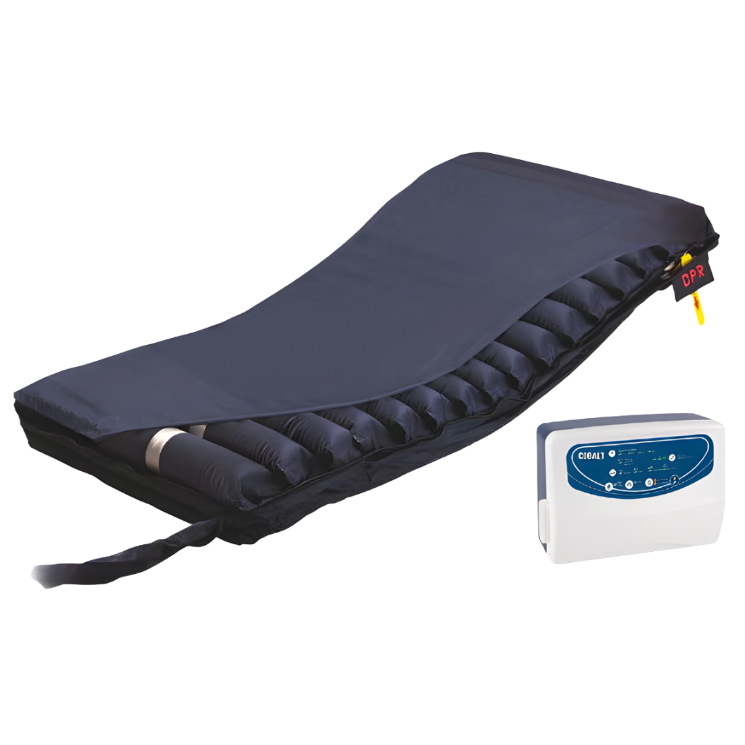AirTec 5 Alternating Air Overlay on a bed, showing air cells designed to deliver gentle alternating pressure relief for individuals needing supportive pressure care.