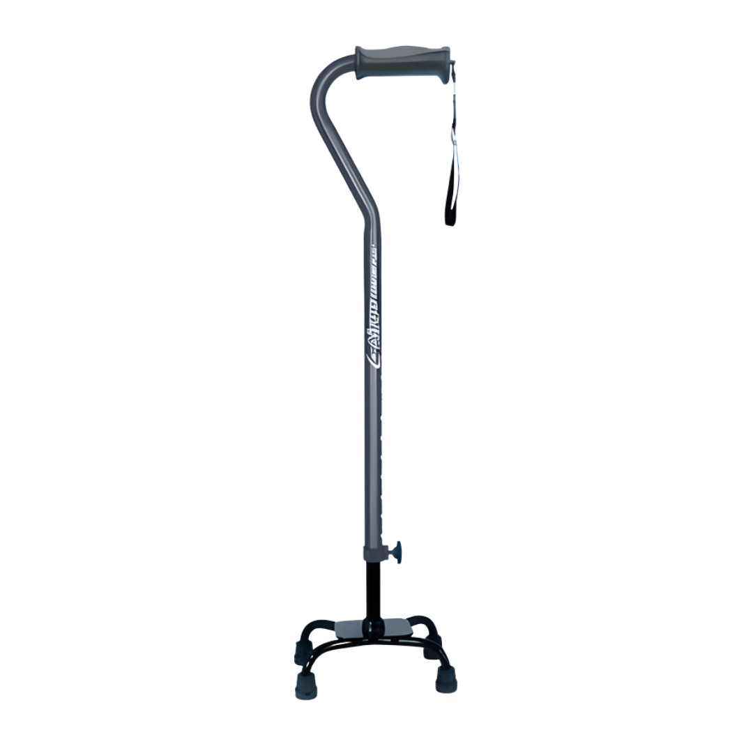 Airgo Comfort-Plus Adjustable Quad Cane with small base in black, blue and charcoal, offering stable mobility support for daily use in home, rehab or aged care settings.