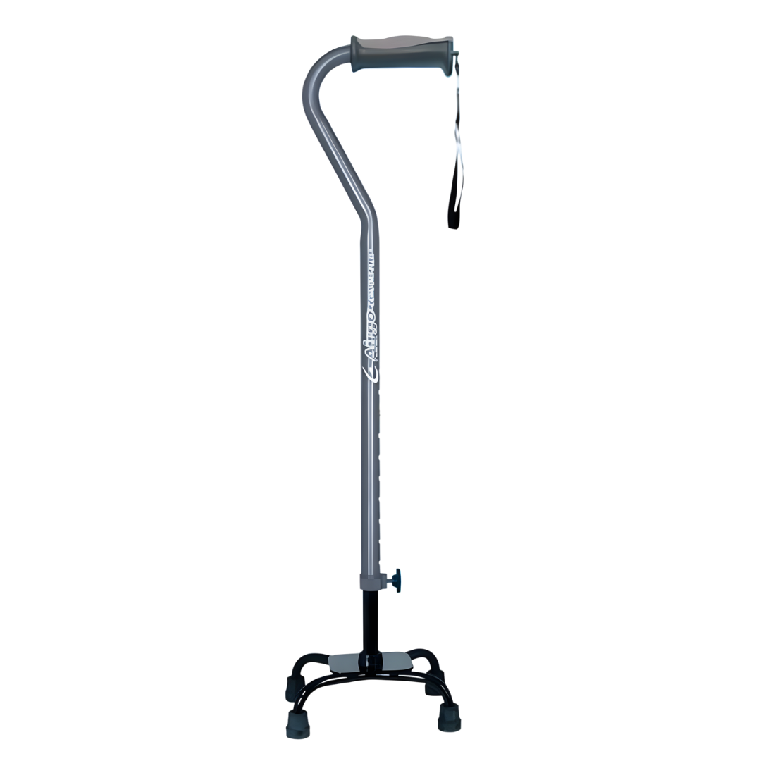 Airgo Comfort-Plus Adjustable Quad Cane with small base in black, blue and charcoal, offering stable mobility support for daily use in home, rehab or aged care settings.