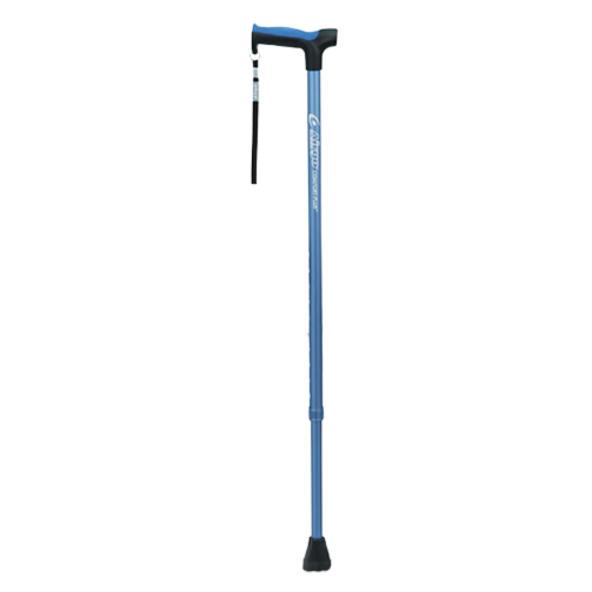 Product image of a single height-adjustable Airgo Comfort-Plus aluminum walking cane featuring a metallic blue shaft, ergonomic derby handle with blue accents, wrist strap, and black rubber tip on a transparent background.