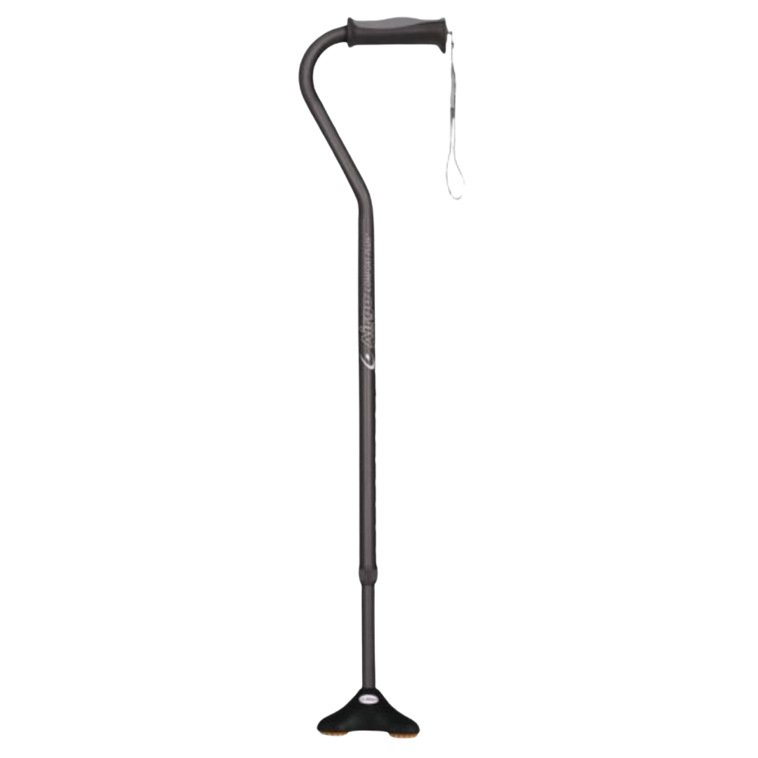 Airgo Comfort Plus Mini Quad Cane with compact quad base and cushioned handle, available in black, blue, and burgundy.