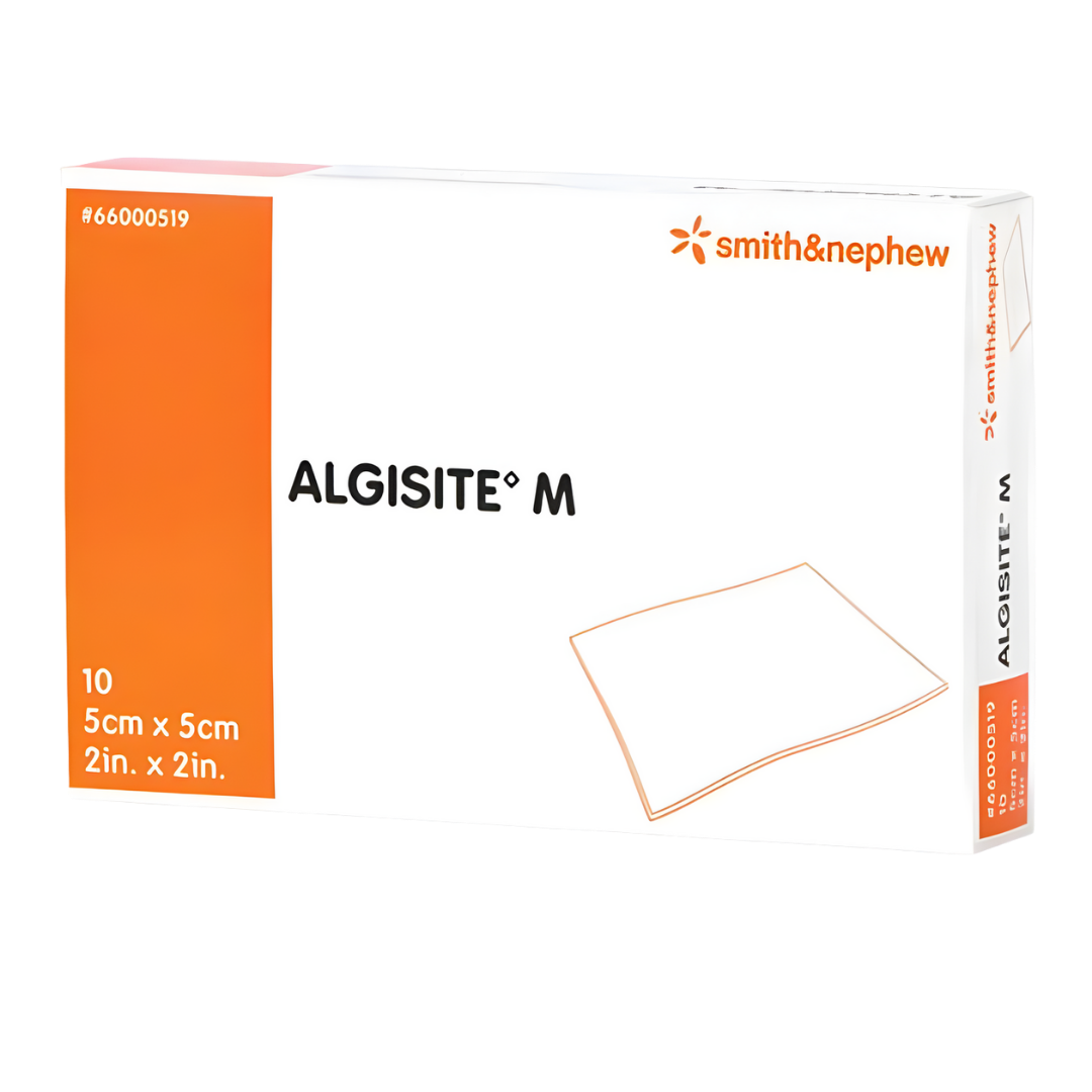 Algisite M calcium alginate dressings in multiple sizes, designed for high absorbency, gel formation, and gentle wound care for moderate to heavily exuding wounds.